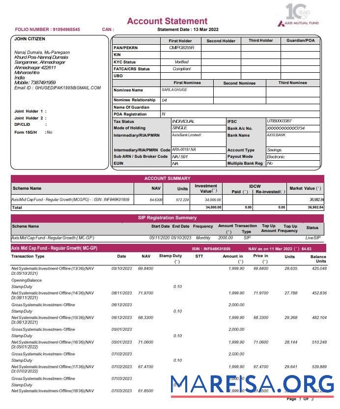 Blank India Axis Mutual Fund bank statement word 3 pages template